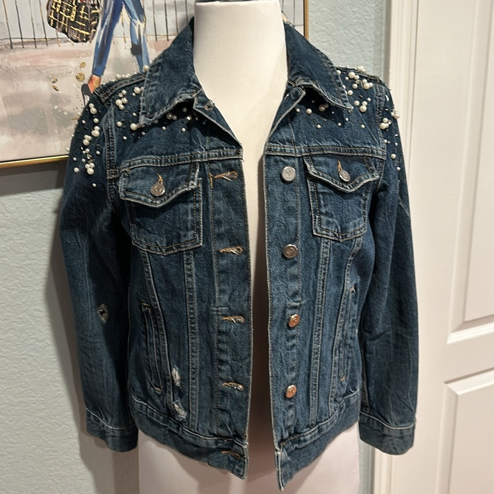 Anthropologie Pilcro Sz Small Denim Jacket w/Pearl/Rhinestone Embellishments NEW